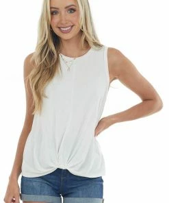Lush Clothing Ivory Front Knot Lightweight Knit Tank Top Tops