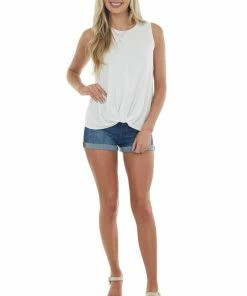 Lush Clothing Ivory Front Knot Lightweight Knit Tank Top Tops