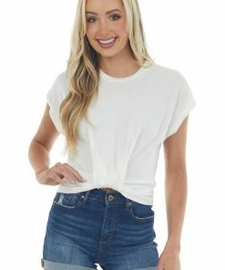 Lush Clothing Tops Ivory Front Knot Short Sleeve Cropped Knit Top