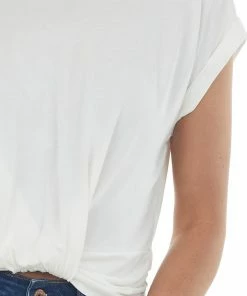 Lush Clothing Tops Ivory Front Knot Short Sleeve Cropped Knit Top