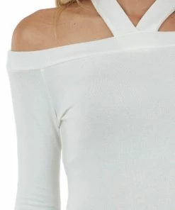 Peach Love Ivory Halter Neck Long Sleeve Crop Top With Cold Shoulders