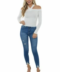 Peach Love Ivory Halter Neck Long Sleeve Crop Top With Cold Shoulders