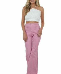 Allie Rose Ivory Halter Neck Sleeveless Ruffled Crop Top