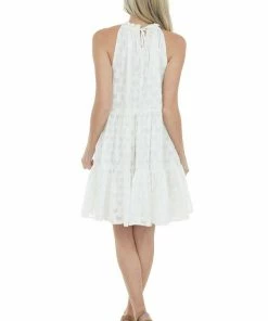 Sweet Lovely Dresses Ivory Jacquard Textured Tiered Dress With Halter Neckline