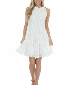 Sweet Lovely Dresses Ivory Jacquard Textured Tiered Dress With Halter Neckline