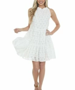 Sweet Lovely Dresses Ivory Jacquard Textured Tiered Dress With Halter Neckline