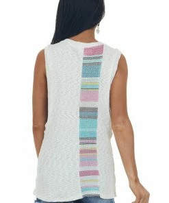SugarFox Tops Ivory Knit Tank Top With Striped Contrast