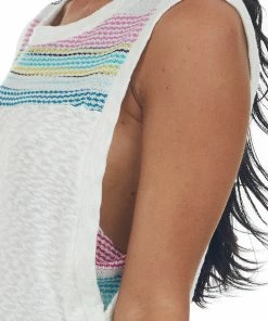 SugarFox Tops Ivory Knit Tank Top With Striped Contrast