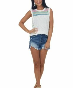 SugarFox Tops Ivory Knit Tank Top With Striped Contrast