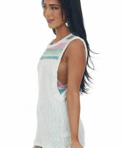 SugarFox Tops Ivory Knit Tank Top With Striped Contrast