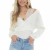 143 Story Tops Ivory Lace Strap Ribbed Knit Light Sweater
