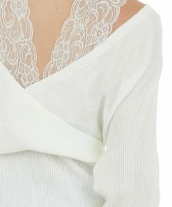 143 Story Tops Ivory Lace Strap Ribbed Knit Light Sweater