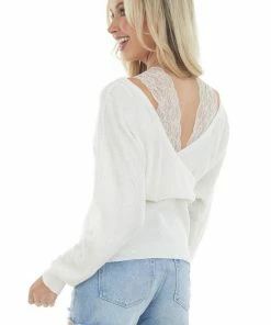 143 Story Tops Ivory Lace Strap Ribbed Knit Light Sweater