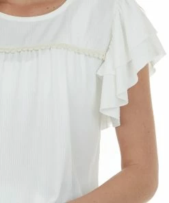 HEIMISH Tops Ivory Lace Trim Yoke Ruffle Ribbed Knit Top