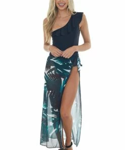Davi & Dani Ivory Leaf Print Mesh Cover Up Maxi Wrap Skirt