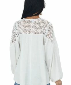 Umgee Ivory Long Sleeve Crochet Yoke Woven Top