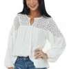Umgee Ivory Long Sleeve Crochet Yoke Woven Top