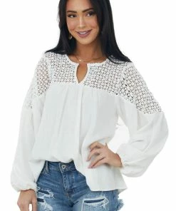 Umgee Ivory Long Sleeve Crochet Yoke Woven Top