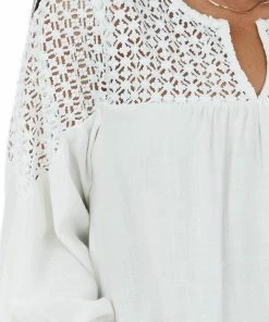 Umgee Ivory Long Sleeve Crochet Yoke Woven Top