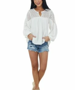 Umgee Ivory Long Sleeve Crochet Yoke Woven Top