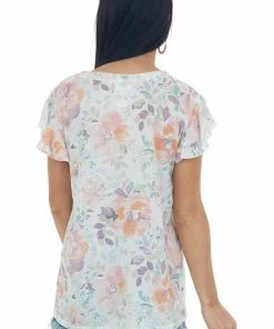 BiBi Ivory Multi Floral Top With Frill Sleeves Tops