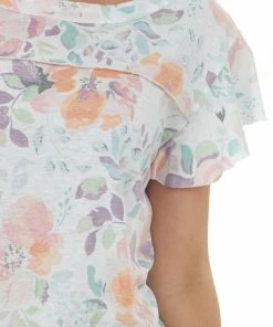 BiBi Ivory Multi Floral Top With Frill Sleeves Tops