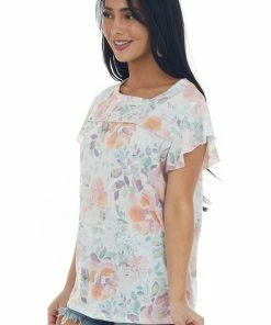 BiBi Ivory Multi Floral Top With Frill Sleeves Tops