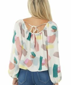 Entro Ivory Multicolor Paint Stroke Puff Sleeve Blouse Tops 13 Entro Ivory Multicolor Paint Stroke Puff Sleeve Blouse Tops