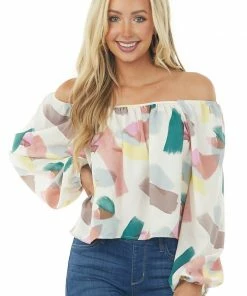 Entro Ivory Multicolor Paint Stroke Puff Sleeve Blouse Tops