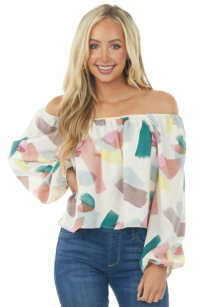 Entro Ivory Multicolor Paint Stroke Puff Sleeve Blouse Tops 3 Entro Ivory Multicolor Paint Stroke Puff Sleeve Blouse Tops