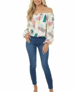 Entro Ivory Multicolor Paint Stroke Puff Sleeve Blouse Tops 10 Entro Ivory Multicolor Paint Stroke Puff Sleeve Blouse Tops