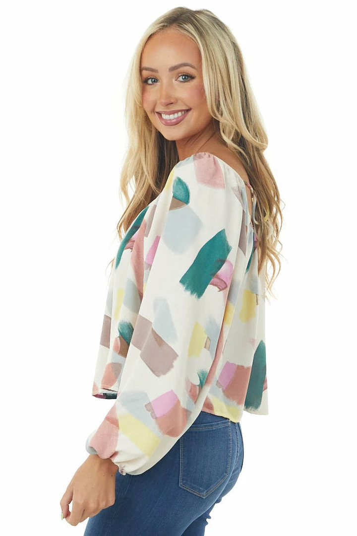 Entro Ivory Multicolor Paint Stroke Puff Sleeve Blouse Tops 6 Entro Ivory Multicolor Paint Stroke Puff Sleeve Blouse Tops