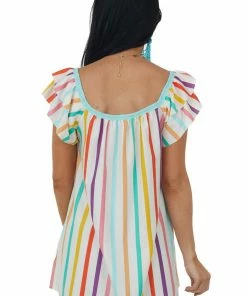 Haptics Tops Ivory Multicolor Striped Short Tiered Sleeve Top