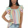 Haptics Tops Ivory Multicolor Striped Short Tiered Sleeve Top