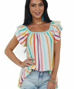 Haptics Tops Ivory Multicolor Striped Short Tiered Sleeve Top
