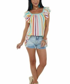 Haptics Tops Ivory Multicolor Striped Short Tiered Sleeve Top