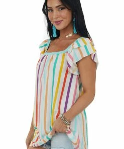 Haptics Tops Ivory Multicolor Striped Short Tiered Sleeve Top