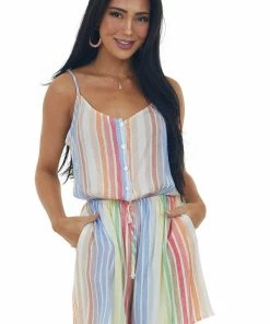 CY Fashion Dresses Ivory Multicolor Striped Sleeveless Woven Romper
