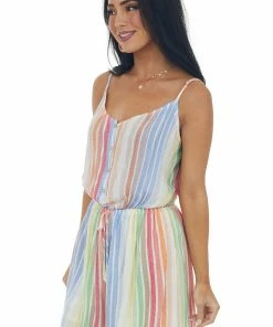 CY Fashion Dresses Ivory Multicolor Striped Sleeveless Woven Romper