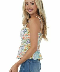 Sweet Lemon Ivory Multicolored Floral Ruched Front Woven Tank 15 Sweet Lemon Ivory Multicolored Floral Ruched Front Woven Tank