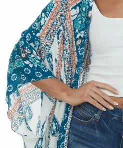 ANGIE Ivory Multiprint Kimono With Deep Side Slits