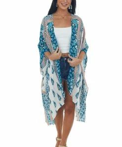 ANGIE Ivory Multiprint Kimono With Deep Side Slits
