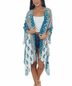 ANGIE Ivory Multiprint Kimono With Deep Side Slits