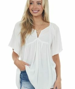 Umgee Tops Ivory Notch Neck Flowy High Low Tunic Blouse
