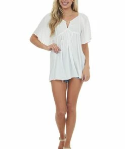 Umgee Tops Ivory Notch Neck Flowy High Low Tunic Blouse