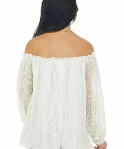 SugarFox Tops Ivory Off Shoulder Long Bubble Sleeve Lace Top
