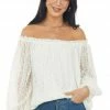 SugarFox Tops Ivory Off Shoulder Long Bubble Sleeve Lace Top
