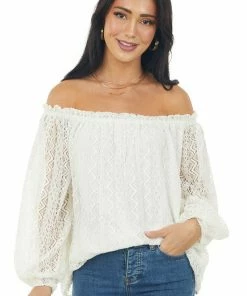 SugarFox Tops Ivory Off Shoulder Long Bubble Sleeve Lace Top