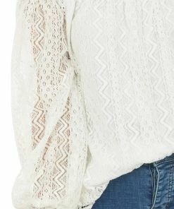 SugarFox Tops Ivory Off Shoulder Long Bubble Sleeve Lace Top