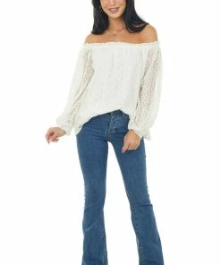 SugarFox Tops Ivory Off Shoulder Long Bubble Sleeve Lace Top
